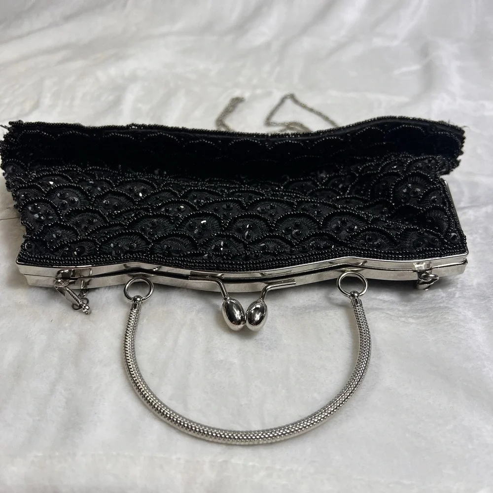 Vintage MG Collection Black Beaded Evening Bag Kisslock Chain Clutch Purse